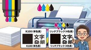 K100％の黒とリッチブラックの印刷仕上がりを比較したサンプル画像。色の濃さと深みの違いを解説。
